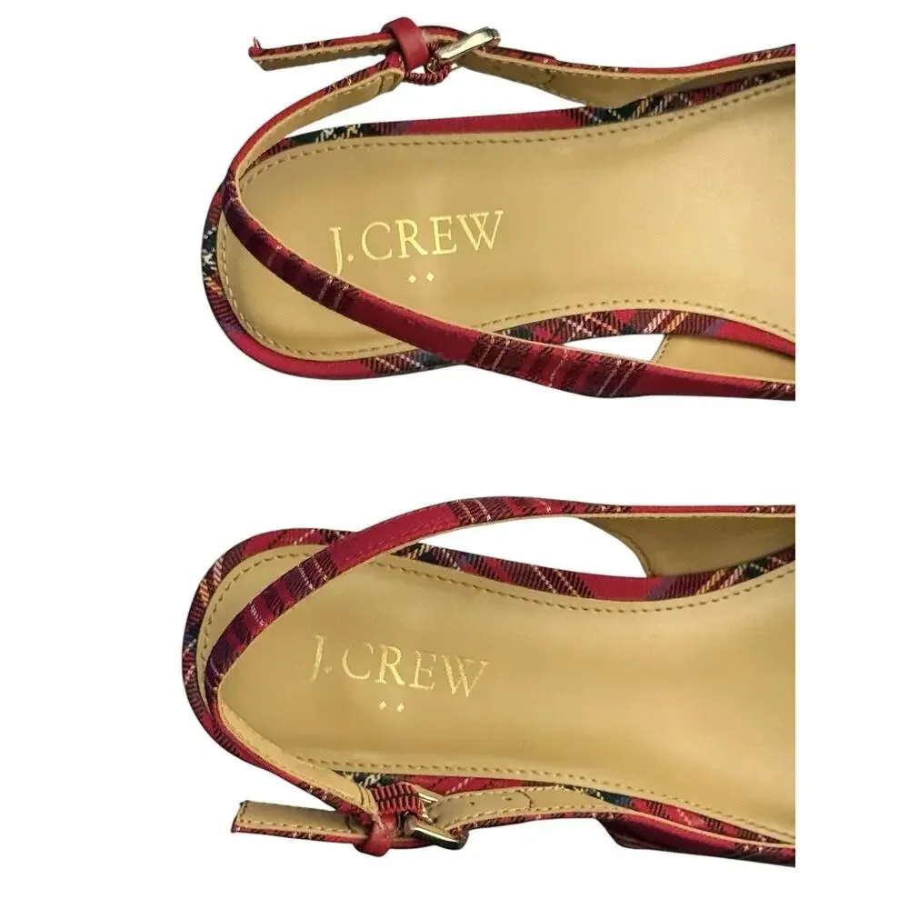 J.Crew Tartan Cap Toe Holiday Low-Heel Slingback Flat Red Black Plaid 8.5 M